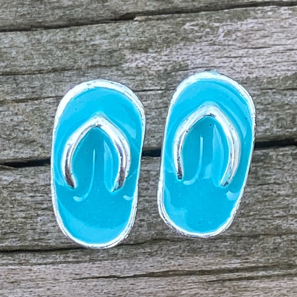 Thong sandals flip flops earrings slippahs silver tone turquoise enamel studs - Picture 3 of 8